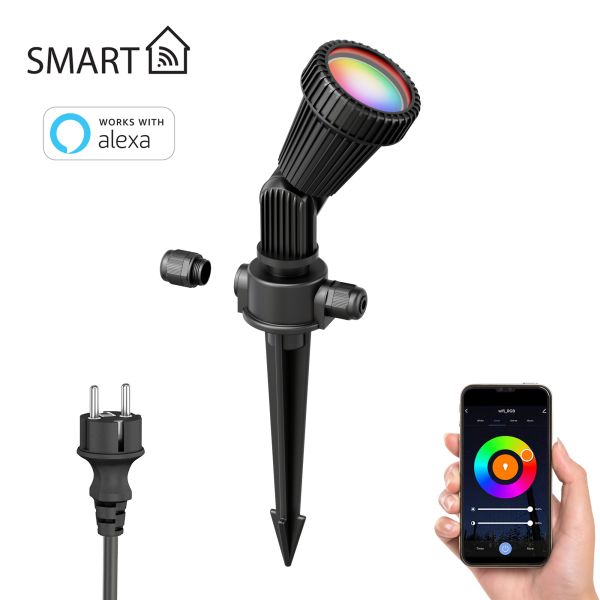 Gartenstrahler mit Erdspieß PIRK, für außen, IP44, schwarz, Stecker, inkl. Smart Home RGBW GU10 LEDs 473lm (Set, Mit Kabel wählbar)