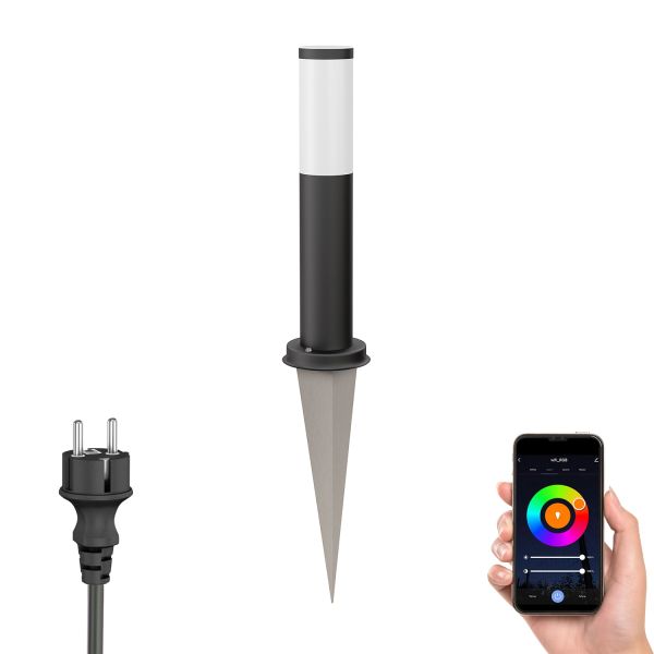 Pollerleuchte PORU Erdspieß für außen, Edelstahl, rund, 38,5cm, inkl. Smart Home RGBW E27 LED Lampe, 8,89W, 892lm (Farbe, Mit Kabel wählbar) Kauf eins, bekomm eins gratis