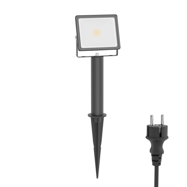 LED Gartenstrahler FLIN mit Erdspieß, 15cm Sockel & Stecker für außen, schwarz, Scheinwerfer, IP66 wasserfest, 10,93W 837lm warm-weiß