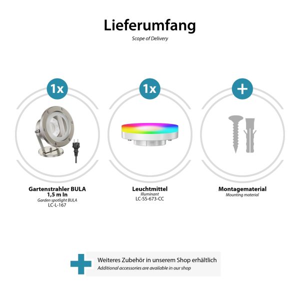 Gartenstrahler BULA für außen, Edelstahl + RGB Leuchtmittel warmweiß - kaltweiß (2900 - 6200) Super Sparpreis