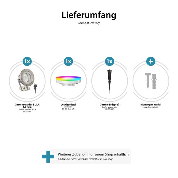 Gartenstrahler BULA mit Erdspieß für außen, Edelstahl + RGB Leuchtmittel warmweiß - kaltweiß (2900 - 6200) Wochenangebot