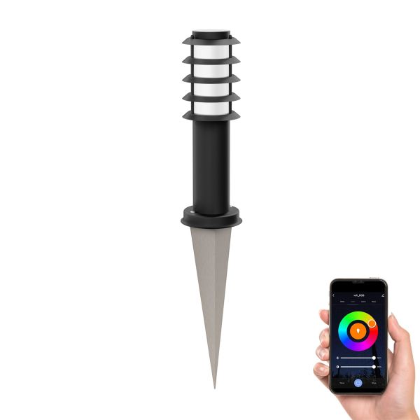 Pollerleuchte PORU Gitter mit Erdspieß für außen, Edelstahl, rund, inkl. Smart Home RGBW E27 LED Lampe, 8,89W, 892lm (Farbe, Mit Kabel wählbar)