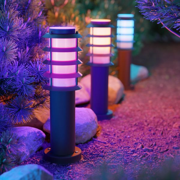 Pollerleuchte PORU Gitter mit Erdspieß für außen, Edelstahl, rund, inkl. Smart Home RGBW E27 LED Lampe, 8,89W, 892lm (Farbe, Mit Kabel wählbar) Neueste Stile