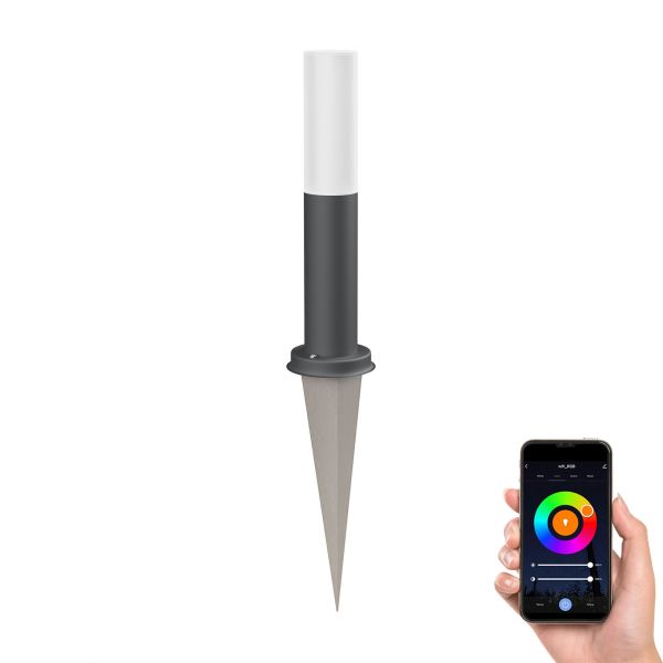 Pollerleuchte PORU, Glas, mit Erdspieß für außen, edelstahl, rund, 38,5cm, inkl. Smart Home RGBW E27 LED Lampe, 892lm (Farbe, Mit Kabel wählbar)