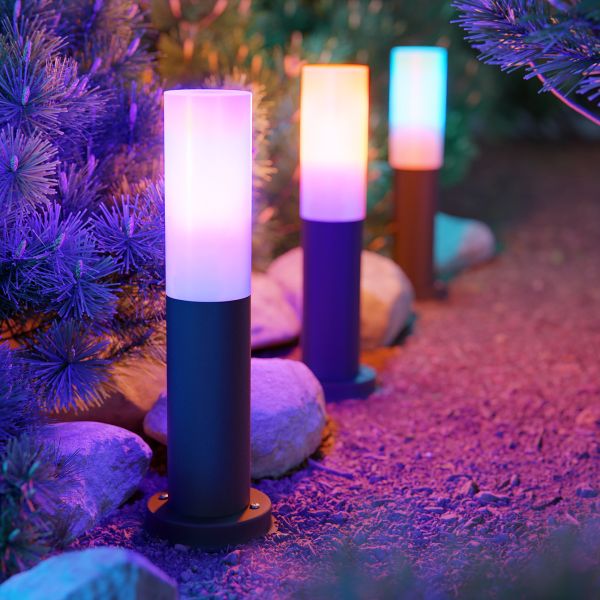 Pollerleuchte PORU, Glas, mit Erdspieß für außen, edelstahl, rund, 38,5cm, inkl. Smart Home RGBW E27 LED Lampe, 892lm (Farbe, Mit Kabel wählbar) Letzte 2 Tage