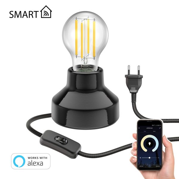 E27 Porzellan Tischlampe TIX, rund mit Stecker, Schalter, inkl. Smart Home LED Lampe (Farbe, Leuchtmittel wählbar)