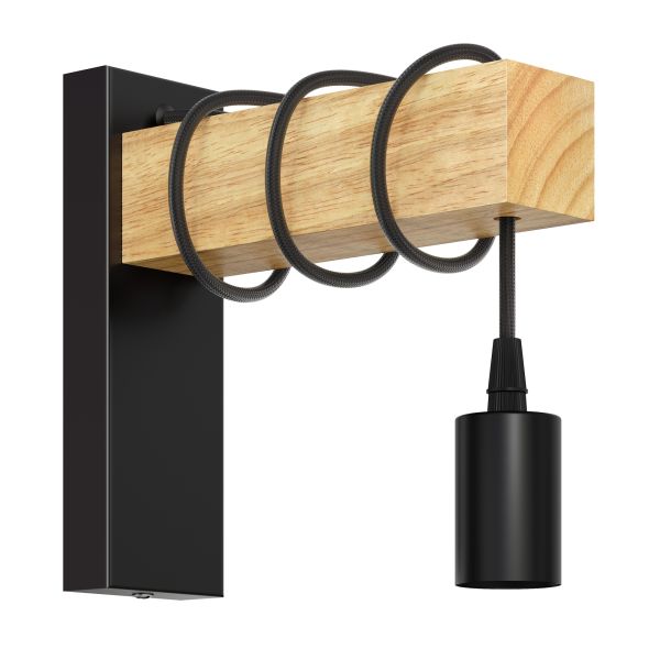 E27 Vintage Wand-Leuchte WOLO, Holz Massiv, Stahl, schwarz (Leuchtmittel wählbar)