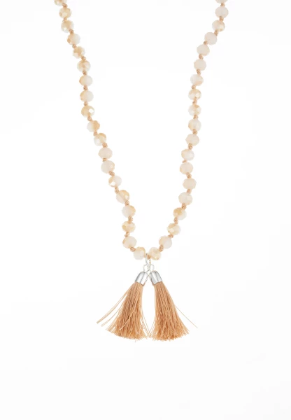 Leslii Lange Kette Tassel Glasperlen Edelstahl Silber Beige Blitzverkäufe