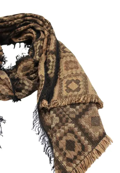 -50% SALE Leslii Schal Kachel-Muster brauner Muster-Schal Fransen-Schal gemustert in Camel Braun Outlet