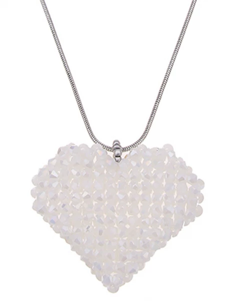 SALE! Leslii Damen-Kette Glasperlen Herz-Anhänger Heart lange Modeschmuck-Kette Silber Weiß Auslauf