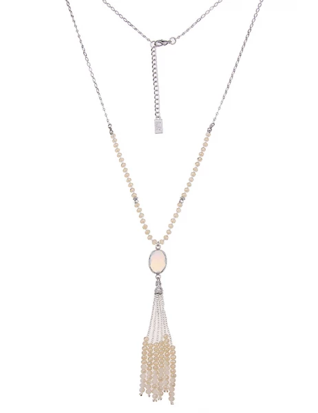 -50% SALE Leslii Lange Halskette Glasperlen-Bommel in Silber Beige Verkauf