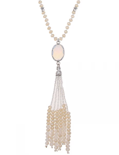 -50% SALE Leslii Lange Halskette Glasperlen-Bommel in Silber Beige Verkauf