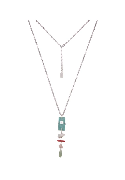 -50% SALE Leslii Damen-Kette Naturstein Perlen Stein-Schmuck lange Modeschmuck-Kette Silber Mint Im Verkauf