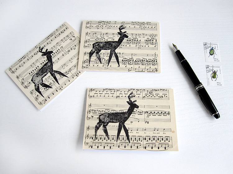 Renna Deluxe Klappkarte mit Hirsch auf Notenpapier Black Friday Preise