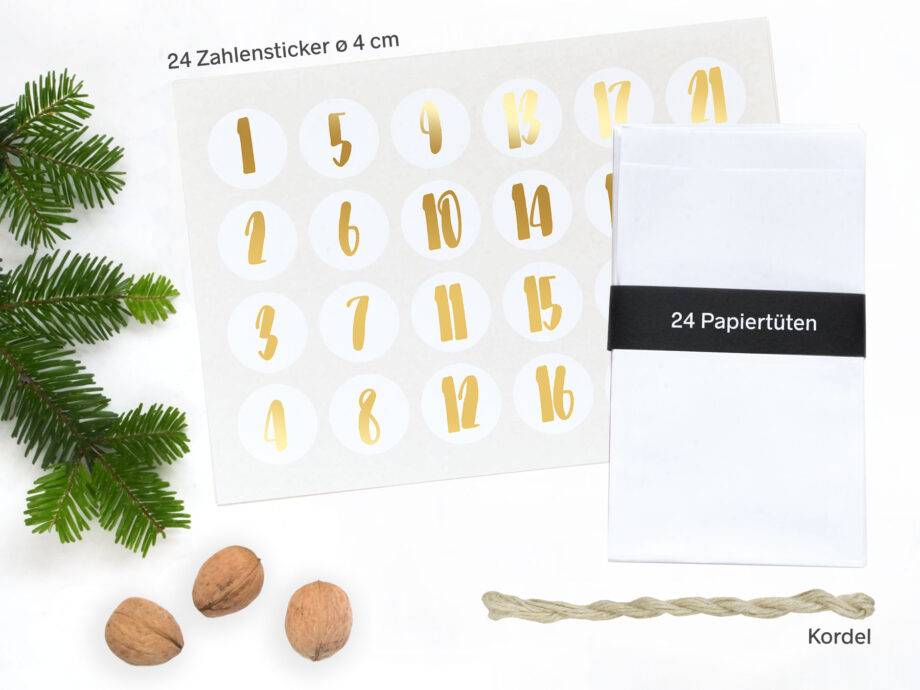 Renna Deluxe Adventskalender Gold metallic mit weißen Papiertüten Weihnachtsangebot