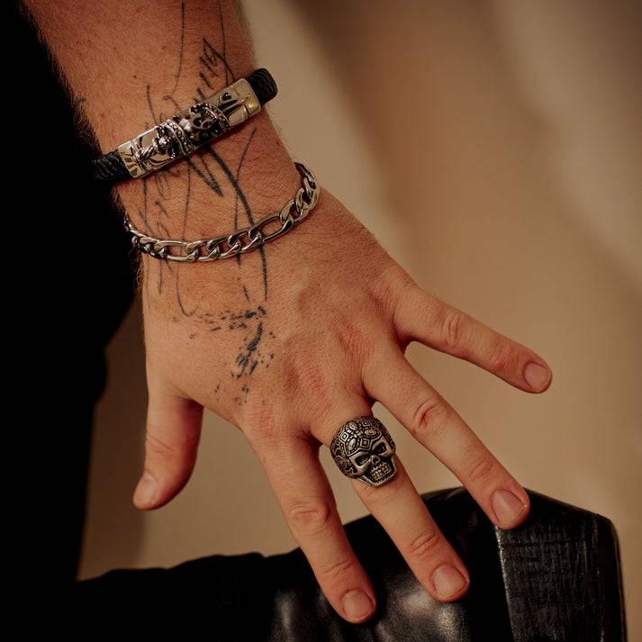 Save Brave Armband Jack mit Totenkopf aus geflochtenem Leder & Edelstahl Hotsell