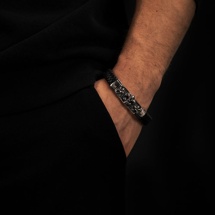 Save Brave Armband Zulu mit Fleur de Lys aus geflochtenem Leder & Edelstahl Schlussverkauf