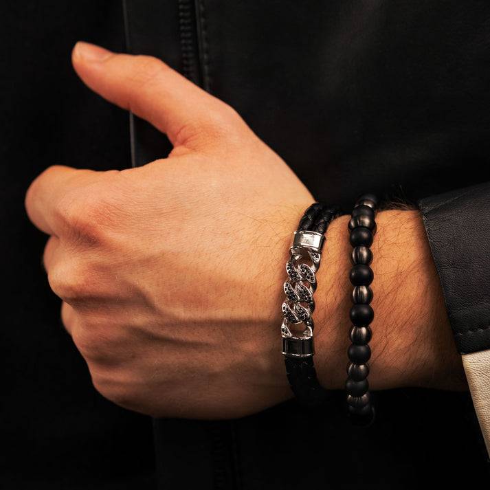 Save Brave Doppeltes Lederarmband Frank mit schwarzen Zirkoniasteinen Jubiläumsangebot