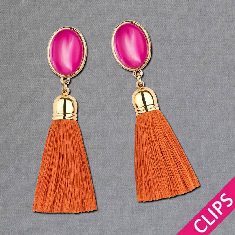 SchwesterSchwester Vergoldete Ohrclips in Pink mit Quaste in Rostorange von AmuseToi Kostenloser Versand