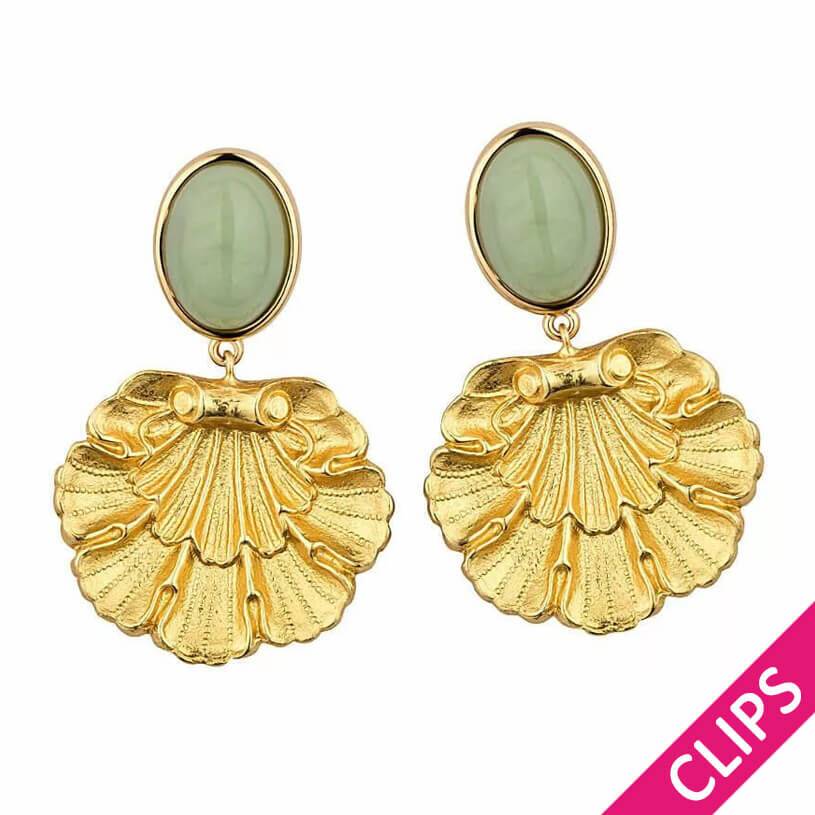 SchwesterSchwester Vergoldete Ohrclips in Jadegrün mit goldenem Muschelornament von AmuseToi Fabrik Onlineshop