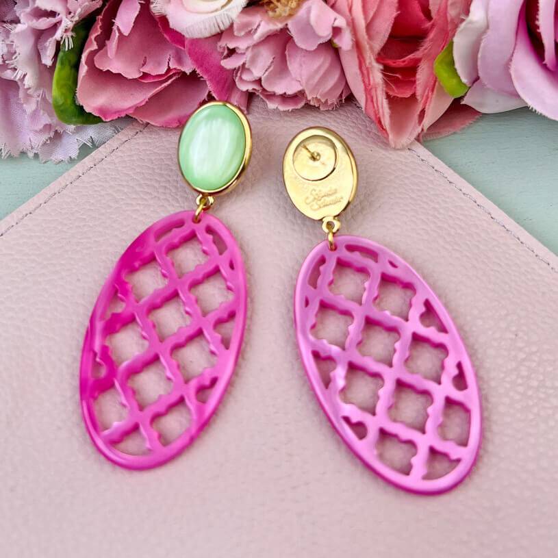 SchwesterSchwester Vergoldete Ohrstecker in wunderschönem Hellgrün mit Oval in Pink im Marrakesch-Stil Weihnachtsangebot