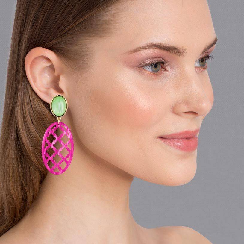 SchwesterSchwester Vergoldete Ohrstecker in wunderschönem Hellgrün mit Oval in Pink im Marrakesch-Stil Weihnachtsangebot