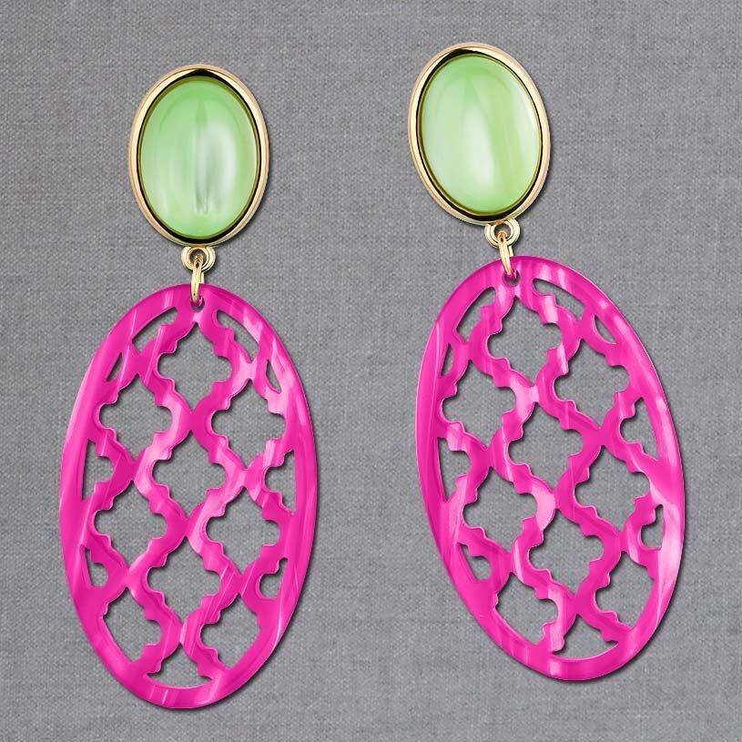 SchwesterSchwester Vergoldete Ohrstecker in wunderschönem Hellgrün mit Oval in Pink im Marrakesch-Stil Weihnachtsangebot