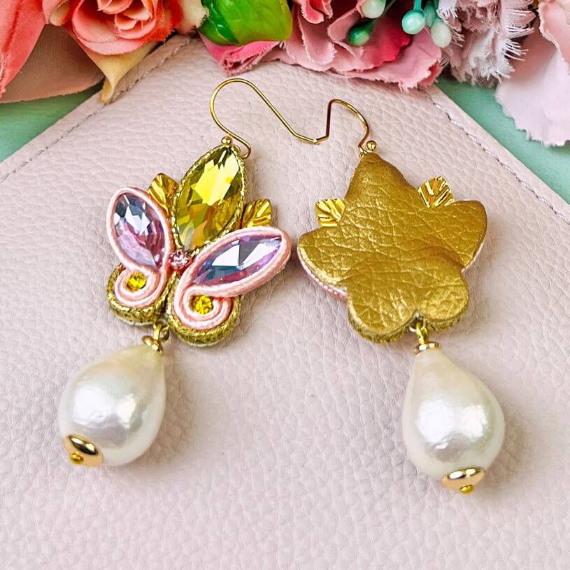 SchwesterSchwester Schöne Soutache-Ohrhänger in Flieder und Gelb mit Baumwolltropfen Tägliche Deals