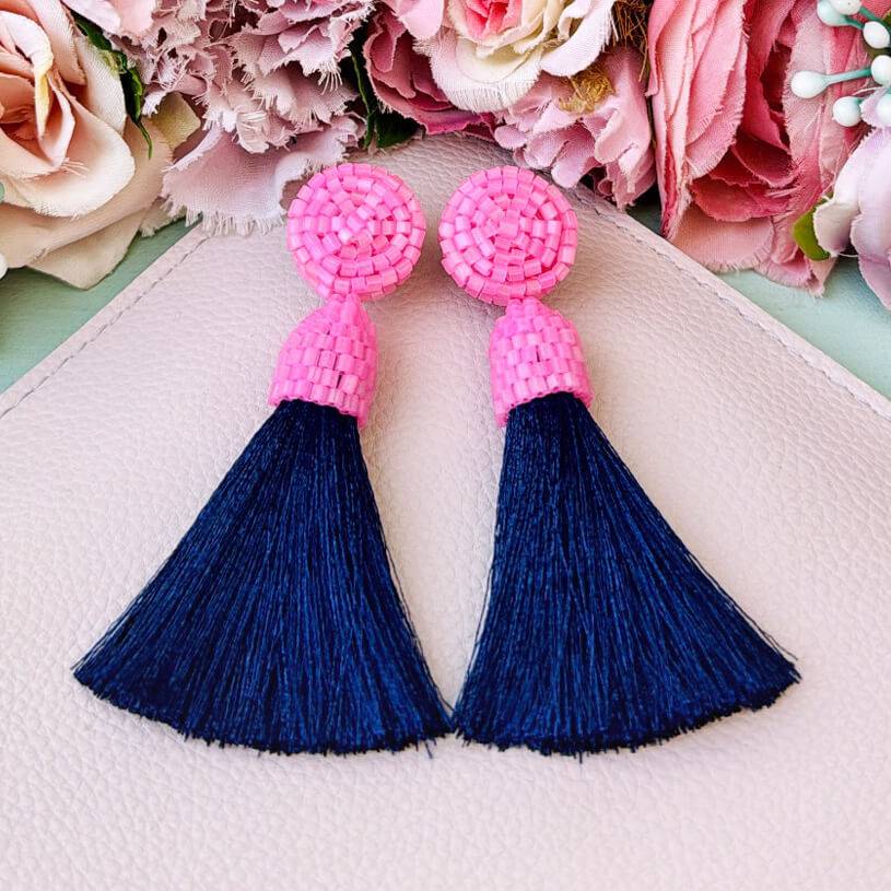 SchwesterSchwester Set aus rosa-dunkelblauen Perlen-Quastenohrringen und Samt-Haarreif in Dunkelblau Super Rabatt