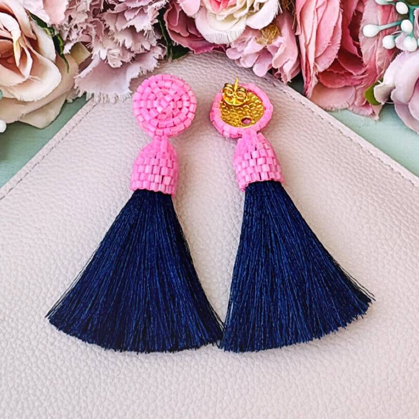 SchwesterSchwester Set aus rosa-dunkelblauen Perlen-Quastenohrringen und Samt-Haarreif in Dunkelblau Super Rabatt
