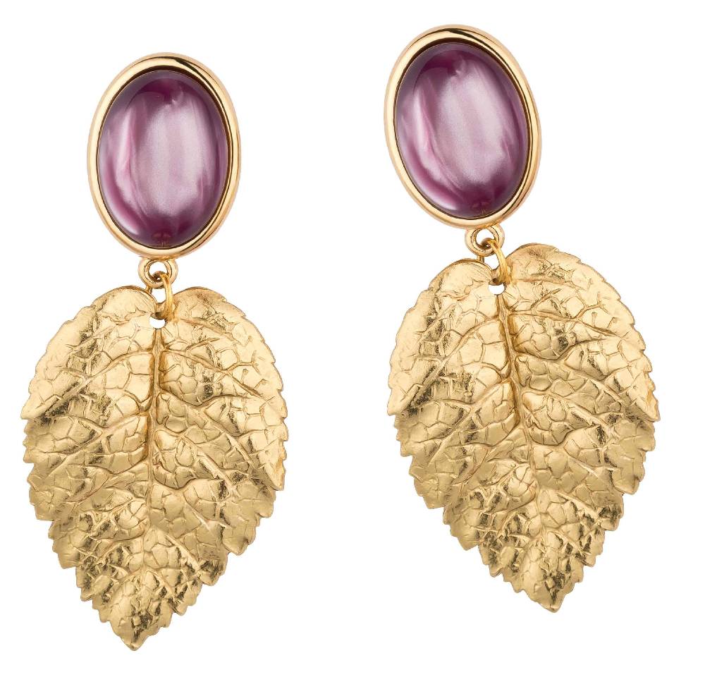 SchwesterSchwester Amethystfarbene Ohrstecker mit goldenem Blatt von AmuseToi Blitzangebot