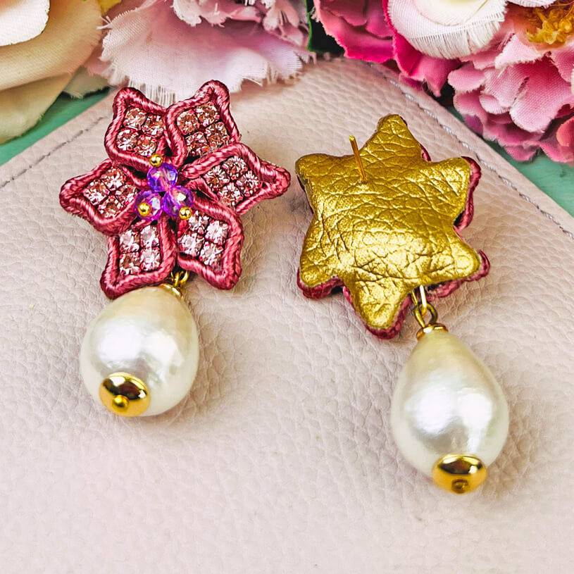 SchwesterSchwester Süße Blumen-Soutache-Ohrringe in Puderrosa mit kleinen Baumwolltropfen Wochenangebot